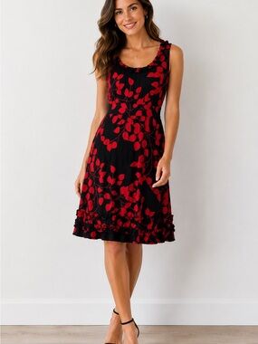 Tory Burch Silk Print Red and Black  Leaf Midi Dress